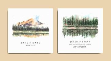 Watercolor wedding invitation with reflection of pine trees and mountain in lake vector