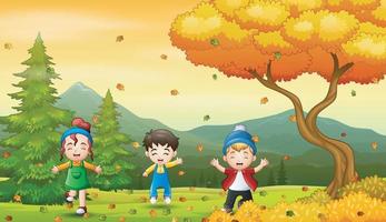 Kids playing outdoor during autumn or fall season vector