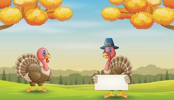 Cartoon two turkey birds in the green field illustration vector