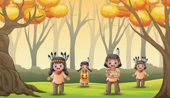 niños y niñas indios americanos en el bosque de otoño vector