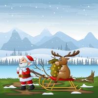 Cartoon Santa Claus pulling reindeer on a sleigh in winter landscape