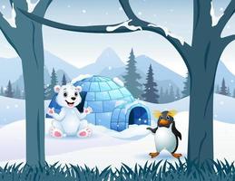 dibuja un oso polar y un pingüino cerca de la casa del iglú