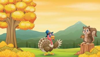 Cartoon turkey with squirrel in the autumn landscape vector