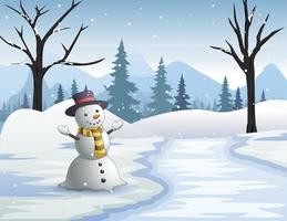Happy snowman by a frozen river in the snowy forest vector
