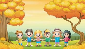 Group of children in the autumn background vector