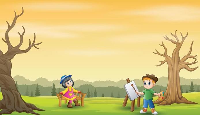 A boys paint girls with bare tree background