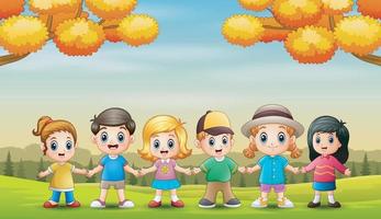 Group of children in the autumn background vector