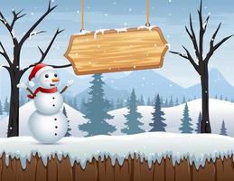 Winter landscape with a snowman and wooden sign vector