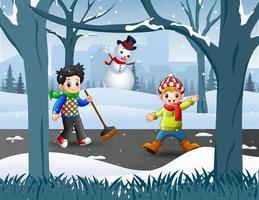 Two boy cleaning snow on the road vector