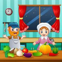 The farmers with various vegetables on the table vector