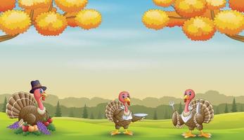 Cartoon three turkeys to eat fruits vector