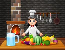 A woman chef showing a different kind fruits on the table vector