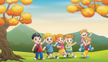 Group of students in the autumn background vector