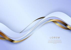 Abstract 3d white and gold curved ribbon on light blue background with lighting effect and sparkle with copy space for text. Luxury design style. vector