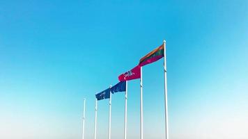 EU, Naisian town flags on display. Solidarity and EU support and investment in developing countries and small villages concept video