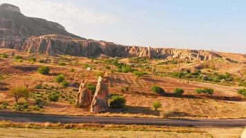 luftpanoramaseitenansicht weißer tourbusfahrt auf der autobahn in der malerischen, lebendigen grünen landschaft kappadokiens im freien. reise- und tourismuskonzept in der türkei video