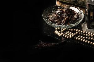 prayer beads with date palm on black background