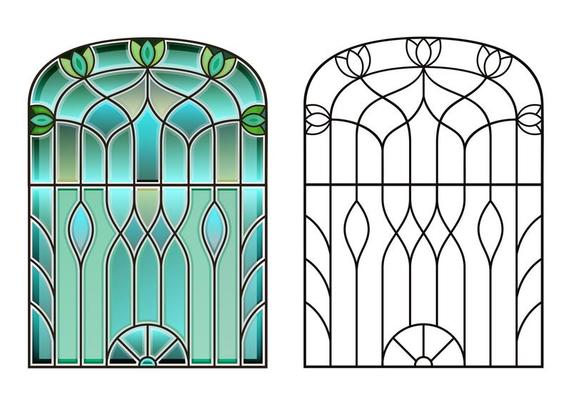 Arched vintage old window with stained glass