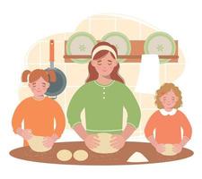 Mother and daughters in the kitchen prepare fluffy buns. They have dough in their hands. vector