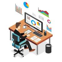 Businessman working and analyzing financial statistics. Business analysis concept. Flat 3d isometric business technology concept. vector