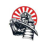 samurai con ilustración de sol rojo vector