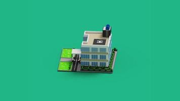 Footage of 3D hospital buildings with white, green, black and blue color scheme. Also using voxel art style. Perfect for hospital promotion footage.