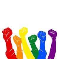 six hands holding up with each color of the lgbt flag. which signifies that the togetherness and pride of a group of lgbt vector