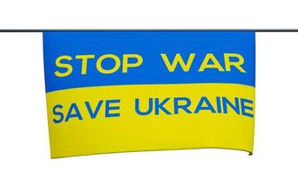 Flags Ukraine with text Stop war, Save Ukraine. on white background. 3D work and 3D illustration photo