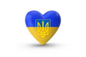 corazón con bandera ucrania y símbolo menor escudo de armas de ucrania sobre un fondo blanco foto