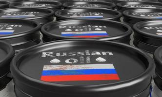 barril de petróleo ruso de almacén, fondo con barril. barriles con primer plano de la bandera rusa de colores. Sanciones al petróleo ruso. trabajo 3d e ilustracion 3d