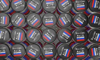 Warehouse Russian oil barrel, background with barrel. Barrels with colors Russian flag. Angle from top. sanctions on Russian oil. 3D work and 3D illustration photo