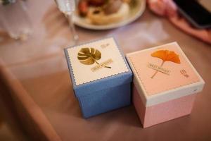 gifts in the hands of a girl in white boxes photo