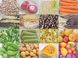 conjunto de collage de alimentos con frijoles, verduras, frutas y queso