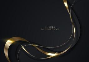 Elegant 3D abstract background black curved shape with golden ribbon line on dark background vector