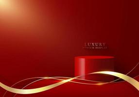 3D realistic luxury red podium platforms display with golden ribbon and wave line on red background vector