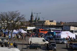 Lviv, Ukraine - March 12, 2022. Refugee assistance center near the railway station. photo