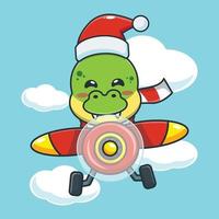 Cute dinosaur wearing santa hat fly with plane vector