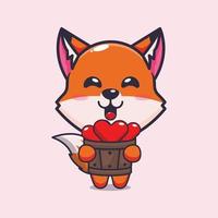 cute fox cartoon character holding love in wood bucket vector