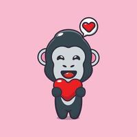 lindo personaje de dibujos animados de gorila con corazón de amor vector