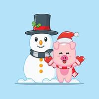 cute pig cartoon vector illustration with Snowman