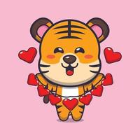lindo personaje de dibujos animados de tigre con decoración de amor en el día de san valentín vector