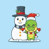 Cute dinosaur cartoon vector illustration with Snowman