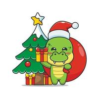 Cute dinosaur carrying christmas gift box with santa bag vector