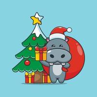 Cute santa hippo cartoon character carrying christmas gift vector