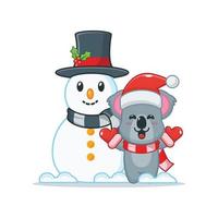 Cute koala cartoon character playing with snowman vector