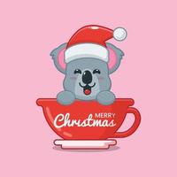 Cute koala cartoon character wearing santa hat in cup vector