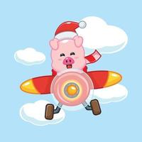 cute pig wearing santa hat fly with plane vector