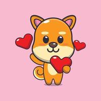 lindo personaje de dibujos animados de perro shiba inu con amor en el día de san valentín vector