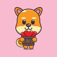 lindo personaje de dibujos animados de perro shiba inu con amor en cubo de madera vector