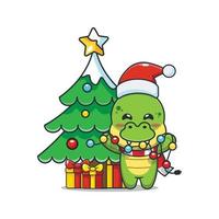 Cute dinosaur with christmast lamp vector